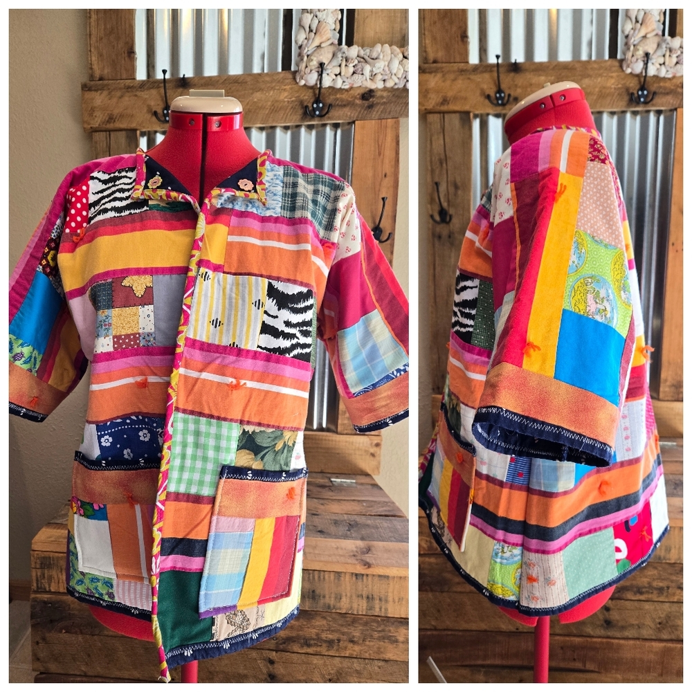 Upcycled Vtg Quilt Blanket Flirty Jacket S-M Open Front Dont Throw It Out - Picture 2 of 7